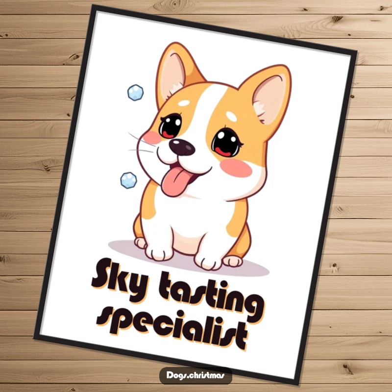 Funny digital art print of a Corgi dog comically trying to catch snowflakes on its tongue, capturing pure winter delight.