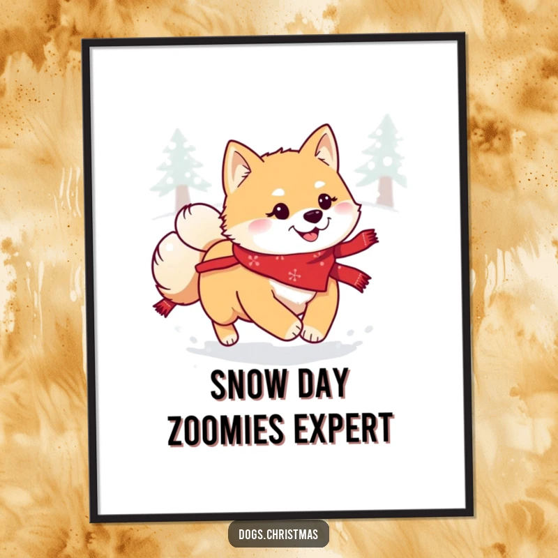 Funny Kawaii Shiba Inu Digital Art: A festive dog joyfully bounding through soft snow, capturing whimsical winter moments.