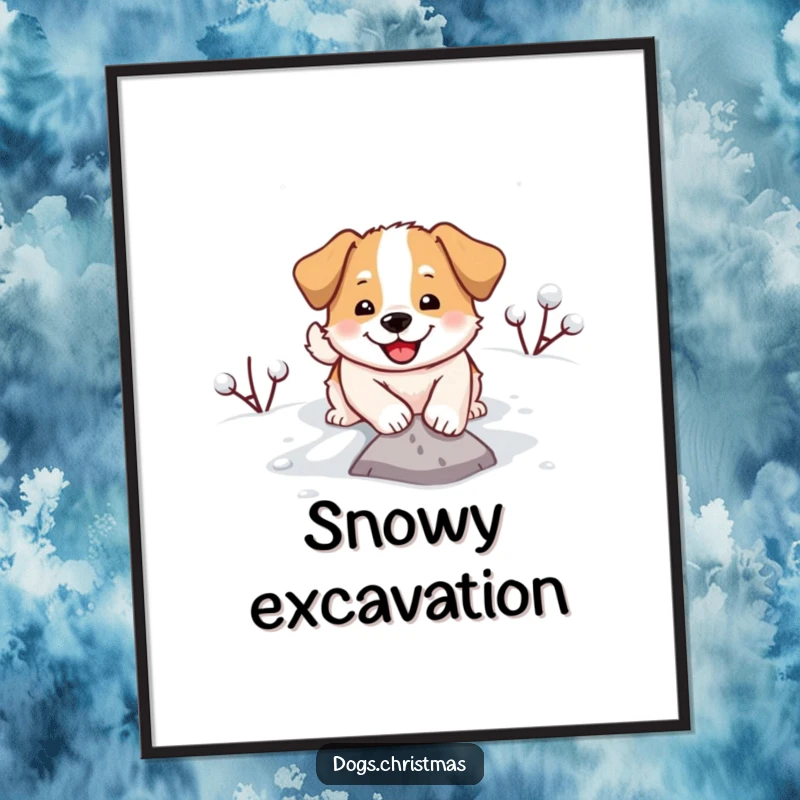 Funny digital art print of a delighted dog digging enthusiastically in a snowy landscape, perfect wall decor.