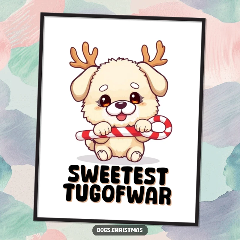 Funny dog digital art print, fluffy character, festive antlers, tug-of-war with candy cane, immediate decor.