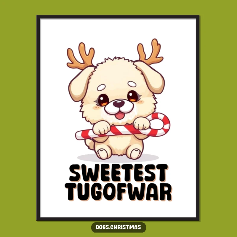 Instant Funny Festive Dog Art Print - Fluffy Antler Pup Candy Cane