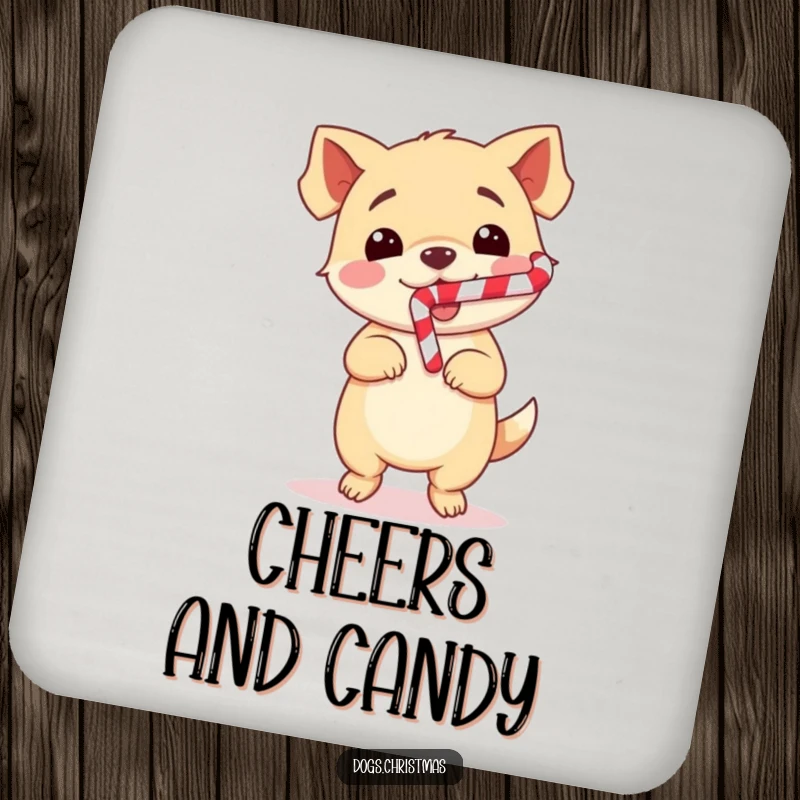 Funny Dog Coaster showing a cute kawaii dog doing a happy dance with a candy cane, perfect for protecting furniture with holiday humor.