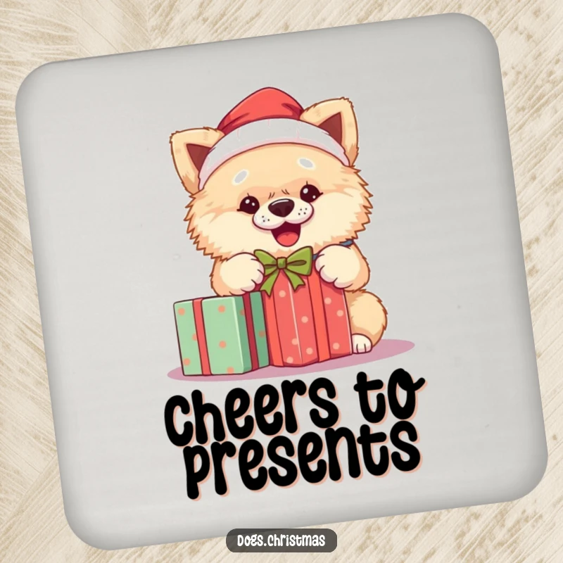 Funny Santa dog drink coaster featuring a fluffy dog in a Santa hat, unwrapping a present, perfect for holiday decor.