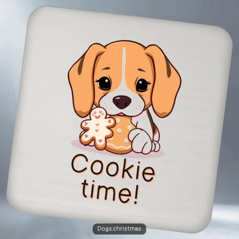Funny Beagle Coaster: A beagle sniffs a gingerbread cookie with great interest, adding humorous canine charm to drink protection.