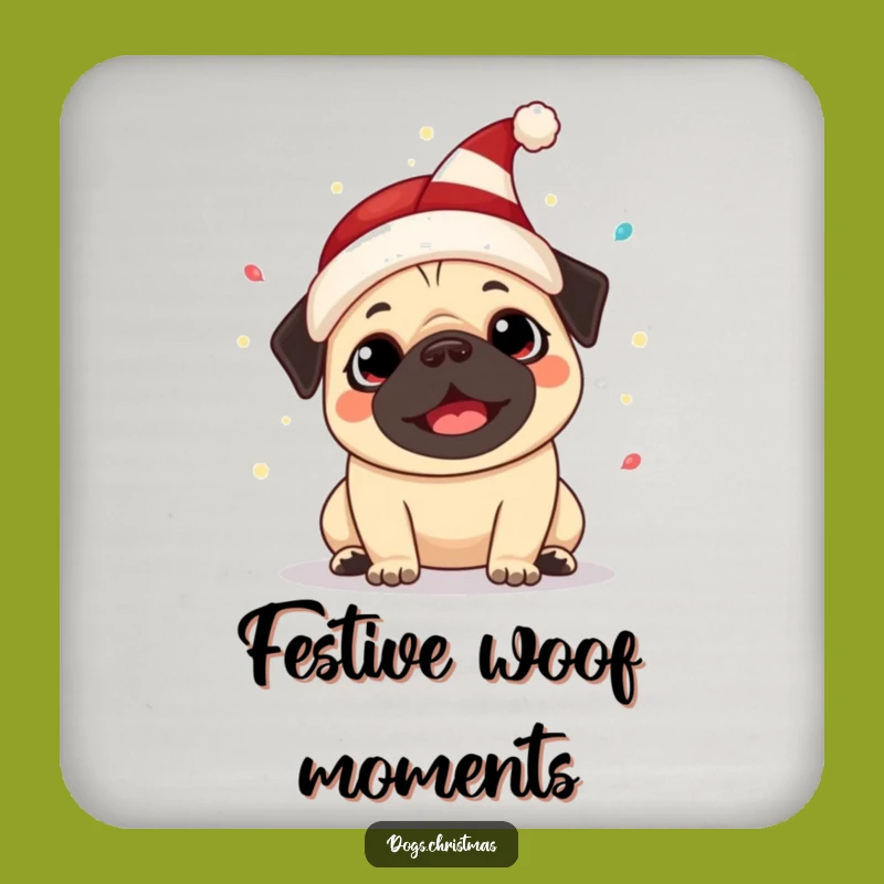 Funny Kawaii Pug Elf Hat Coaster: Festive Drink Protector Perfect Funny Gift