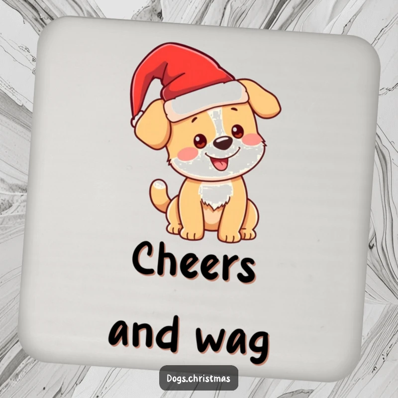 Funny kawaii Christmas dog design on a drink coaster, festive holiday accessory, cute pup decor, ideal funny gift.
