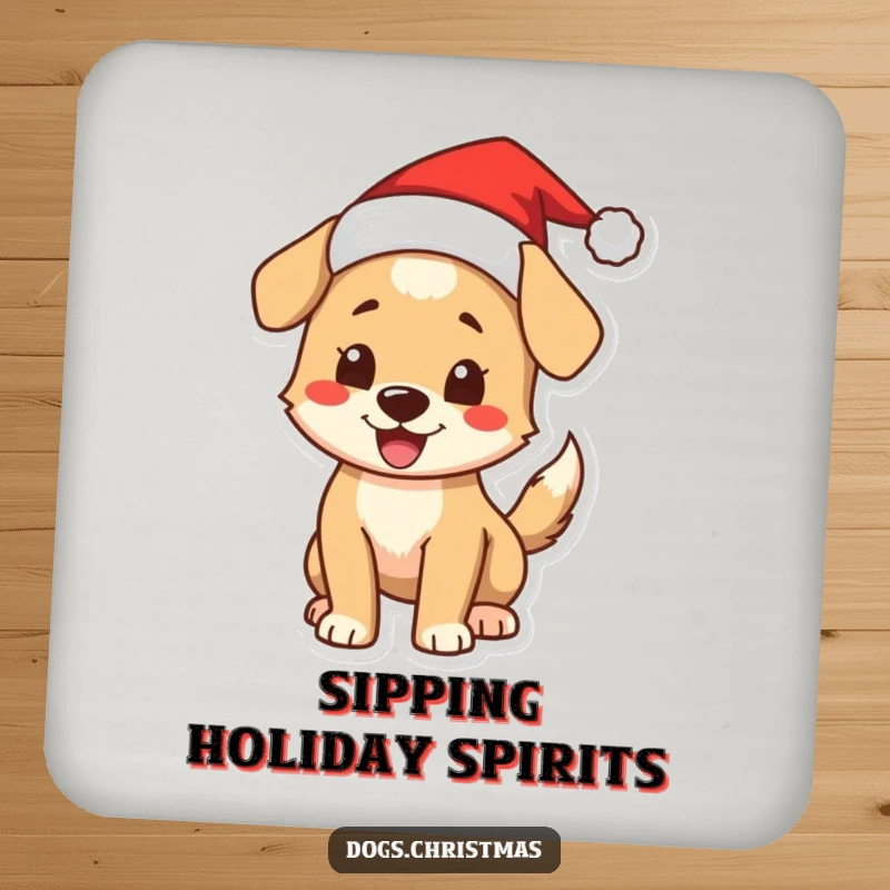 Funny Christmas Dog Coaster: A humorous coaster featuring an excited dog wearing a Santa hat and wagging its tail.