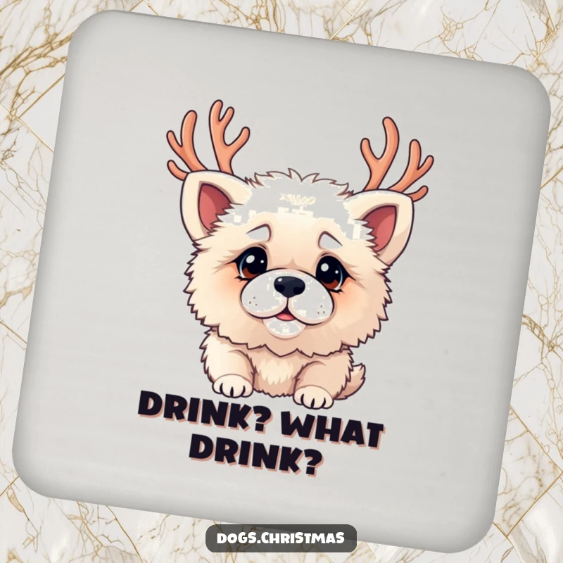 Funny drink coaster showing a fluffy dog with antlers and a confused face, adding holiday silliness.