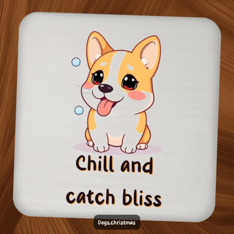 Funny coaster with a Corgi dog comically catching snowflakes on its tongue, adding winter charm.