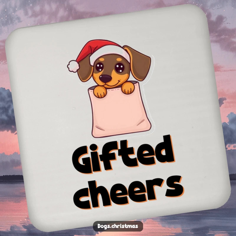 Funny Dachshund Coaster: A dachshund in a Santa hat peeks from a gift bag, adding humorous holiday charm to drink protection.