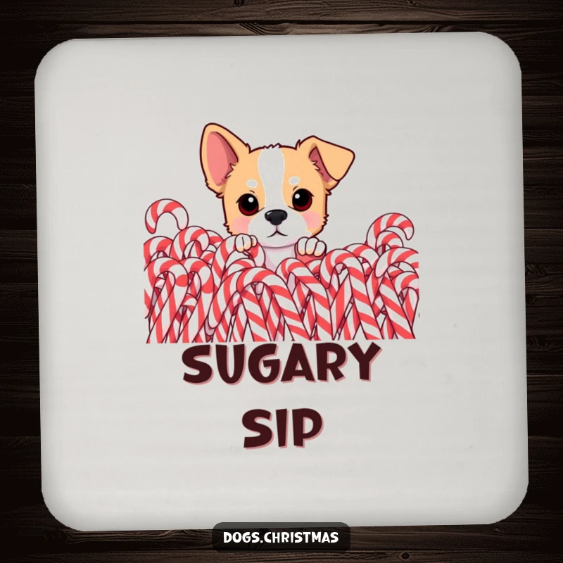 Funny dog coaster, curious pup peeking from behind pile of candy canes, eyes wide, perfect for holiday table protection.