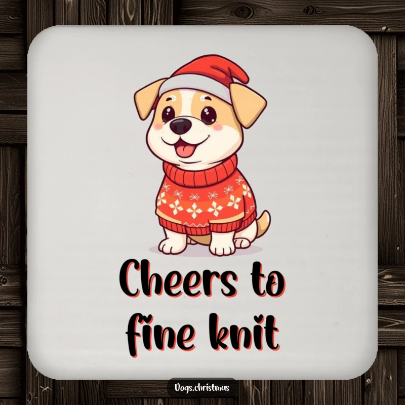 Funny Dog Christmas Sweater Coaster: A proud dog wears a silly Christmas sweater, protecting surfaces with holiday cheer and humor.