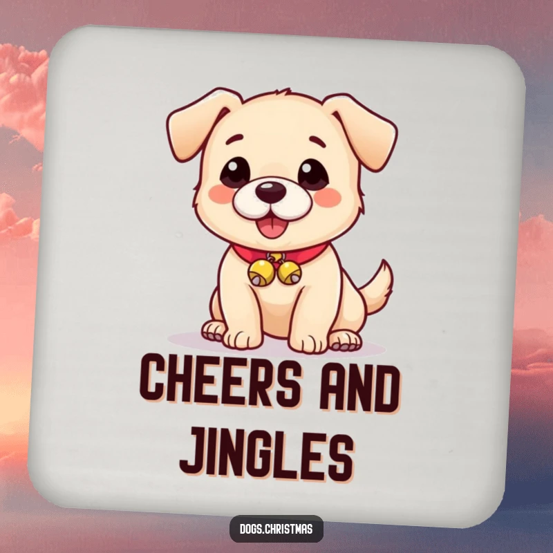 Funny coaster with a cute dog wearing tiny jingle bells, adding a playful touch to drinks.