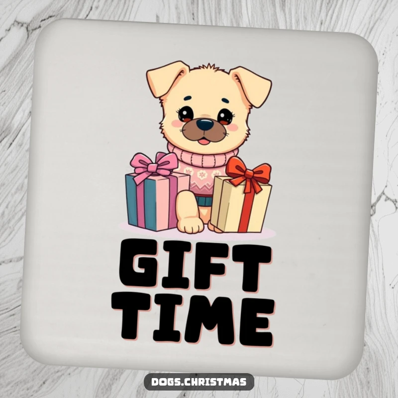 Funny Kawaii Dog Coaster: A dog in a festive sweater admires a gift, adding funny holiday charm to protect your surfaces.
