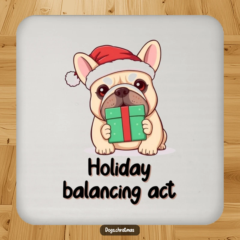 Funny kawaii bulldog with a Santa hat balancing a gift on its nose, a cute coaster for drinks.