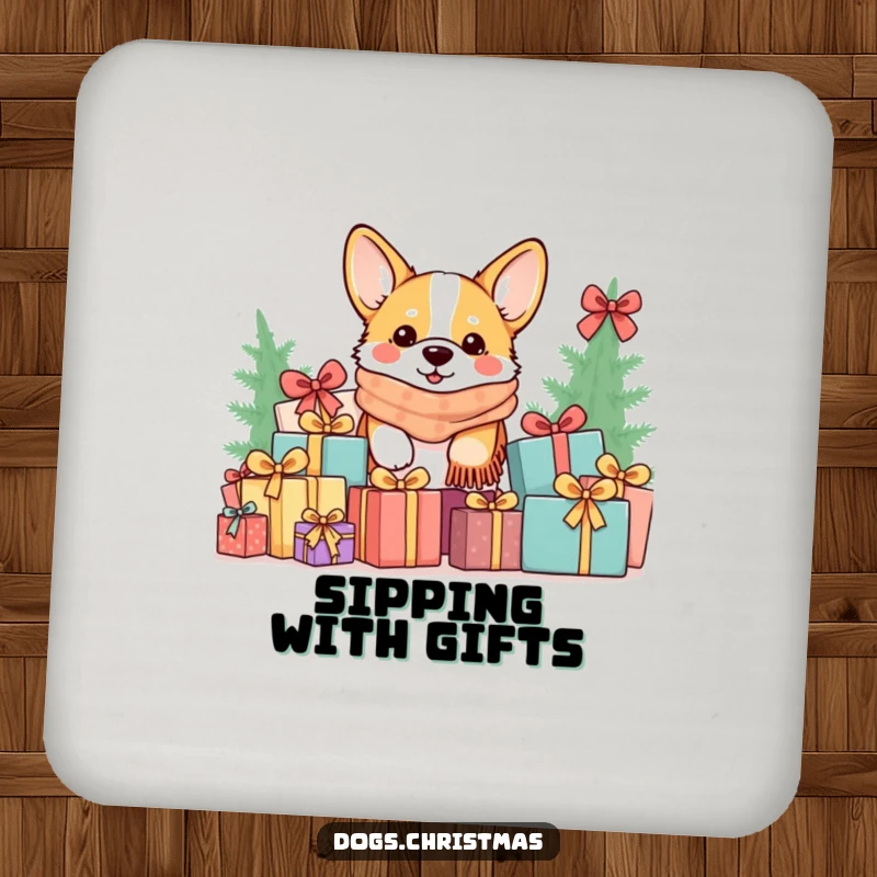 Funny Kawaii Corgi Coaster: A cozy-scarfed corgi peeks from a gift pile, a humorous and functional drink accessory.