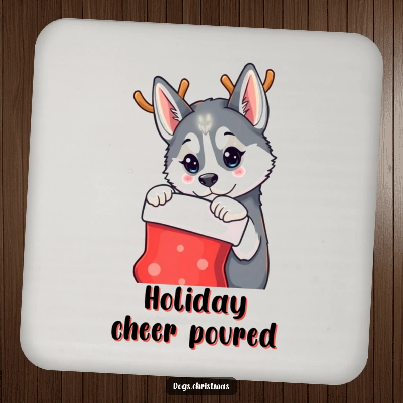 Funny coaster with a husky dog wearing reindeer antlers, curiously looking at a Christmas stocking, adding festive charm.