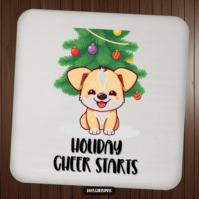 Funny Dog Christmas Coaster: A grinning dog peeks from under a Christmas tree, protecting surfaces with holiday cheer and humor.