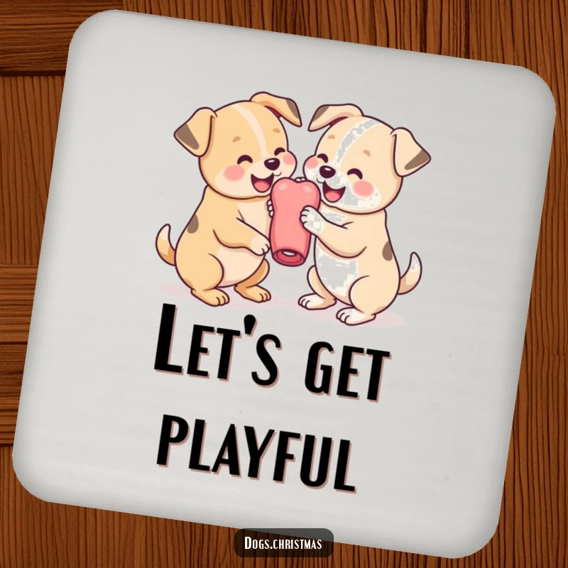 Funny Dog Coaster showing two adorable kawaii dogs playfully wrestling over a chew toy, perfect for protecting furniture with humor.