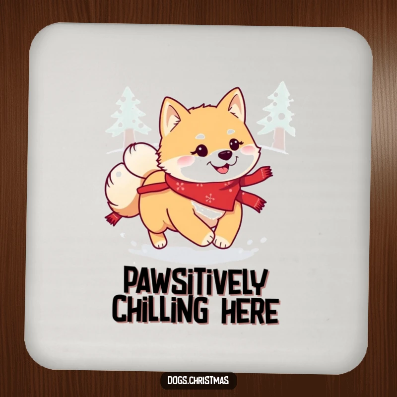Funny Kawaii Shiba Inu Coasters: A festive Shiba Inu dog happily bounding through snow, guarding drinks with holiday cheer.
