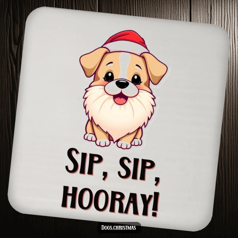 Funny Dog Coaster of a dog wearing a Santa beard and barking playfully, perfect for holiday table protection.
