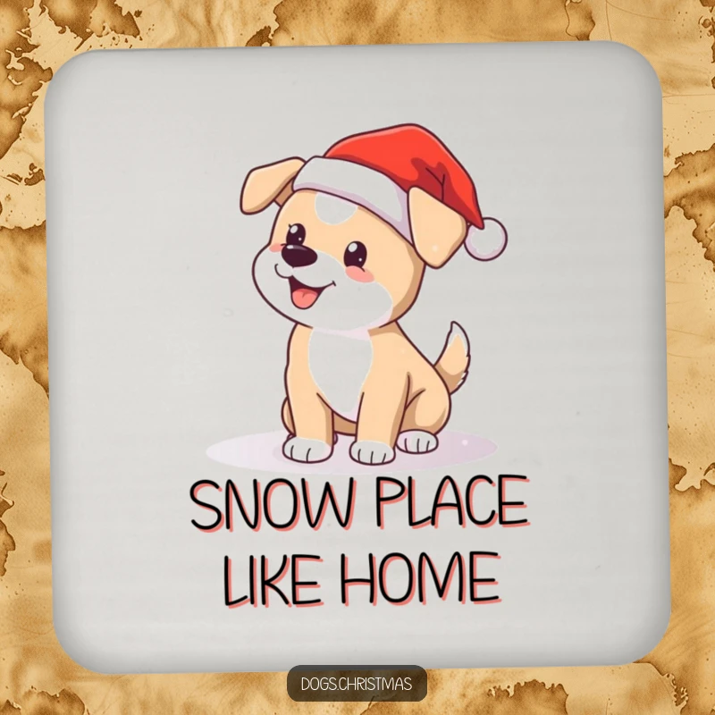 Funny Santa dog coaster, wagging tail in snow, cute holiday protection for tables, great for dog owners.