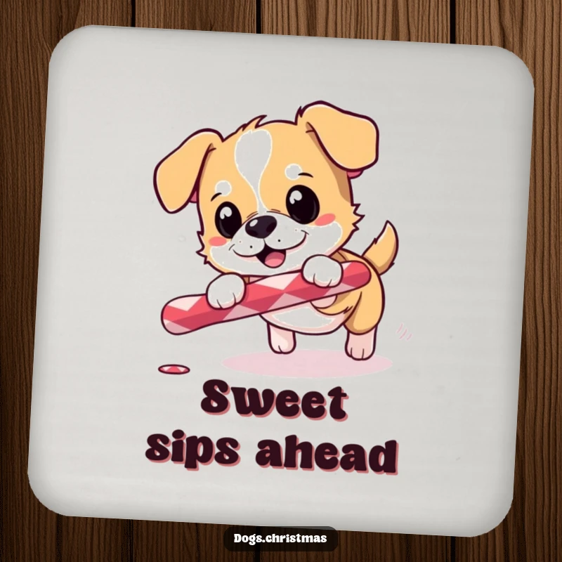 Funny drink coaster showing a small dog excitedly chasing a candy cane, perfect for holiday decor.