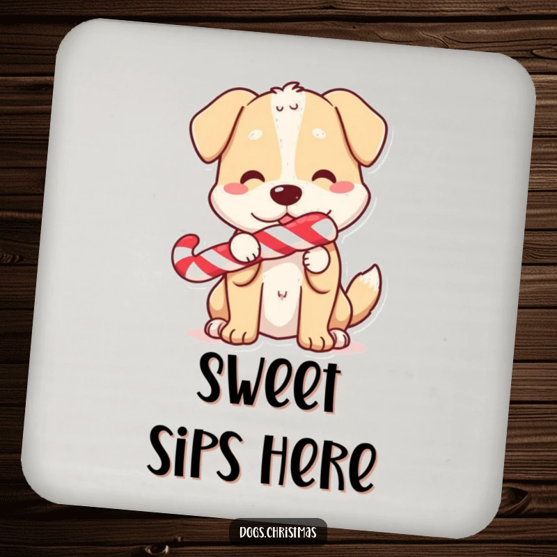Funny Drink Coaster: A dog holding a candy cane, tail wagging, offering playful protection for your furniture.
