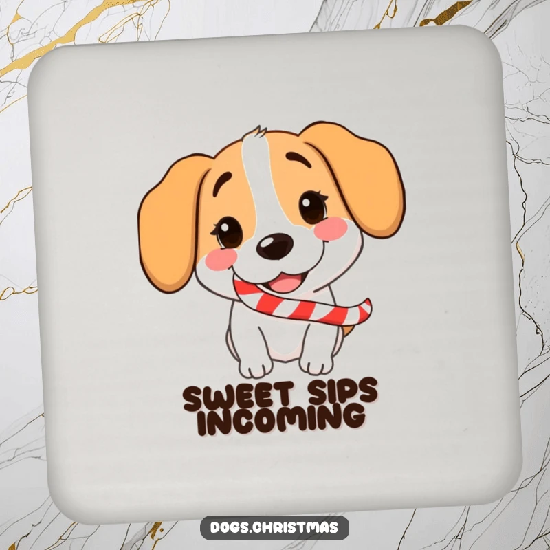 Funny Dog Candy Cane Coaster featuring a grinning dog with a candy cane, a festive and humorous protector.