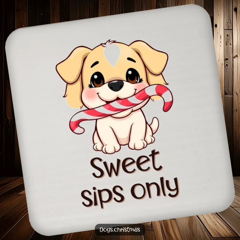 Funny Dog Coaster: A small coaster depicting a funny dog smiling with a candy cane in its mouth.