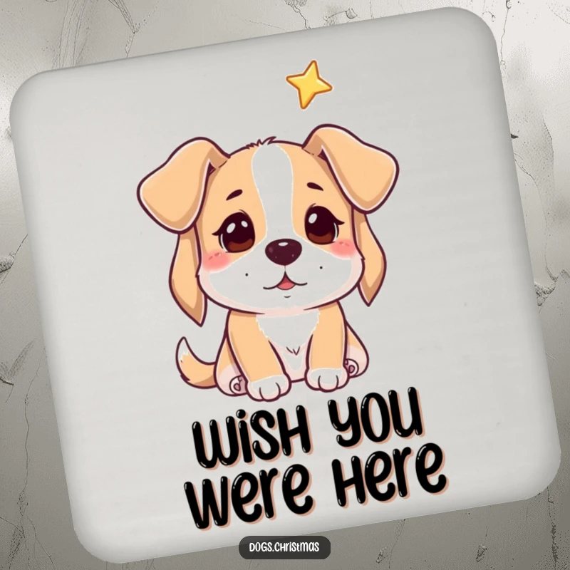 Funny coaster with a dog gazing hopefully at a star, adding a touch of magic to drinks.