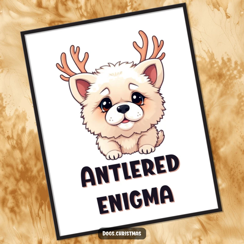 Funny poster print of a fluffy dog with antlers, sporting a confused look, perfect for holiday walls.