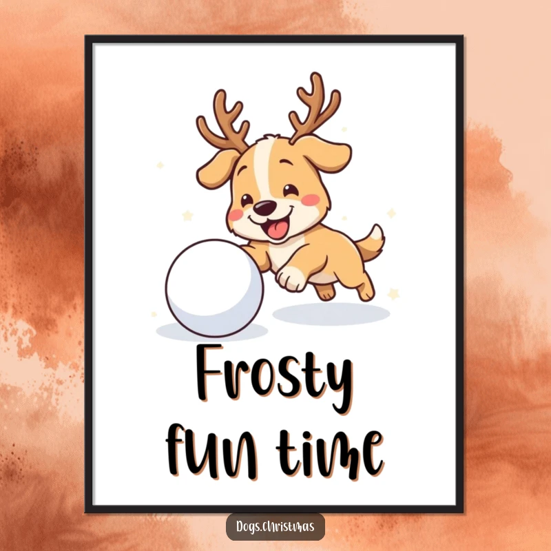 Funny antler dog poster showing a dog with antlers joyfully chasing a rolling snowball, adding winter fun to walls.