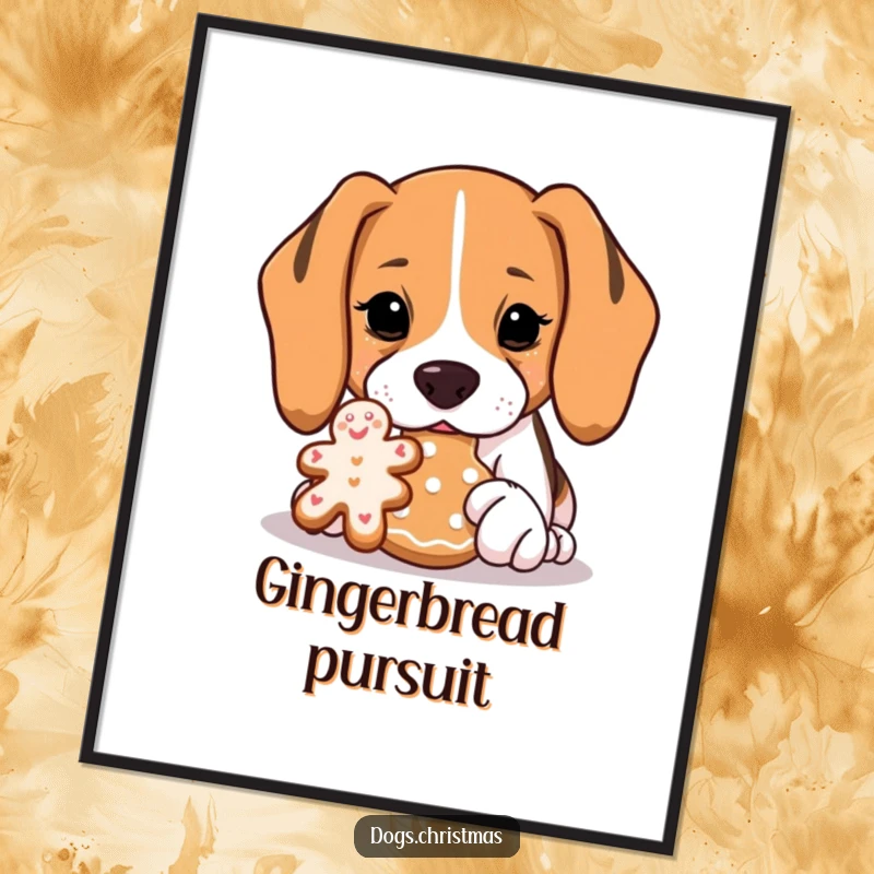 Funny Beagle Poster: A beagle intensely sniffs a gingerbread cookie, a humorous and heartwarming depiction for dog lovers.