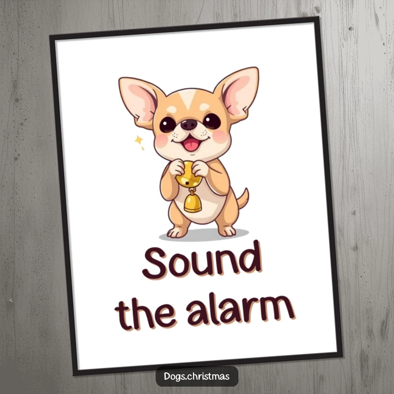 Funny chihuahua enthusiastically shaking a jingle bell toy, making this poster a hilarious piece of dog art.