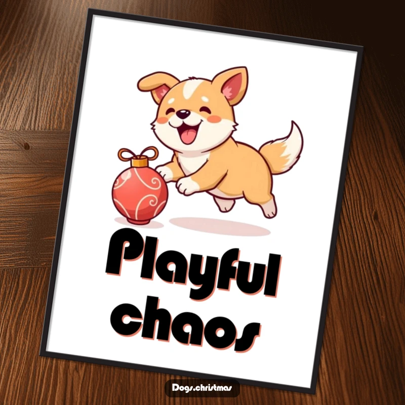 Funny kawaii dog chasing an ornament, playful bark poster, festive wall art, cute pup illustration, perfect funny gift.