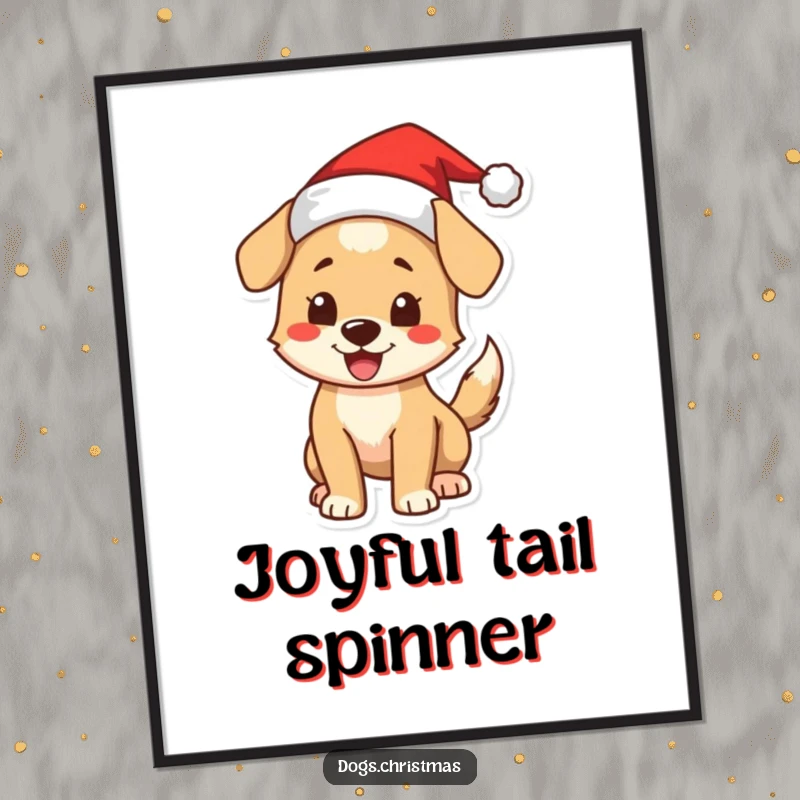 Funny Christmas Dog Poster: A cheerful illustration of a dog in a Santa hat, wagging its tail excitedly for Christmas.