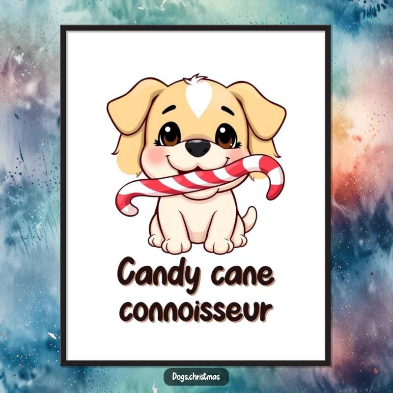 Funny Dog Poster: A humorous wall art print of a dog smiling brightly while holding a candy cane in its mouth.