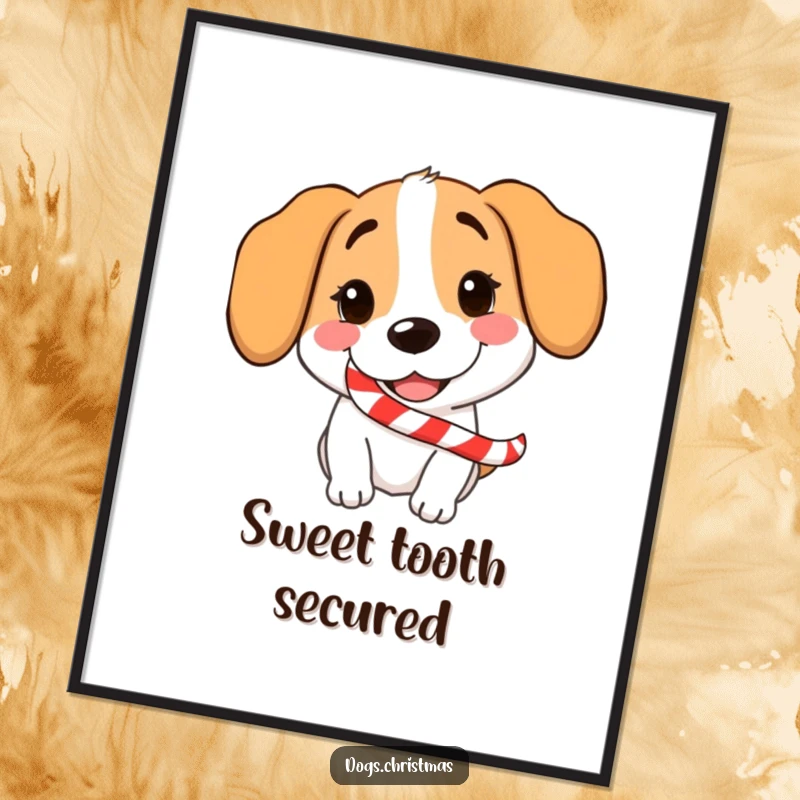 Funny Dog Candy Cane Poster showing a grinning dog with a candy cane, festive and humorous wall art.