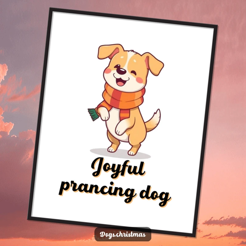 Funny Dog Poster: A humorous wall art print of a dog wearing a festive scarf and doing a happy, joyful prance.
