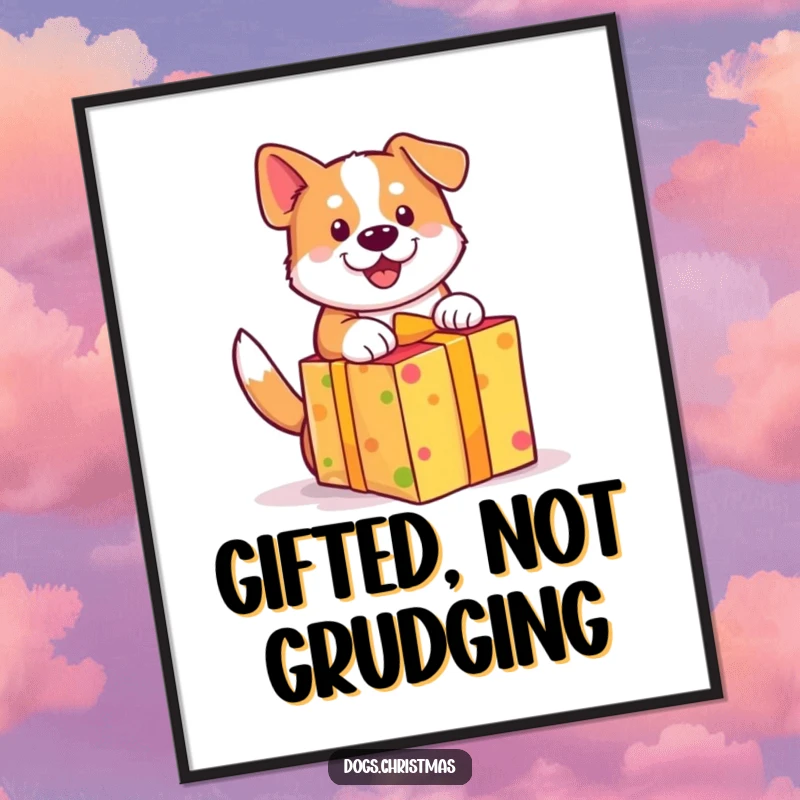 Funny dog poster, cute wagging tail, unwrapping a brightly colored gift with excitement, joyful wall art.