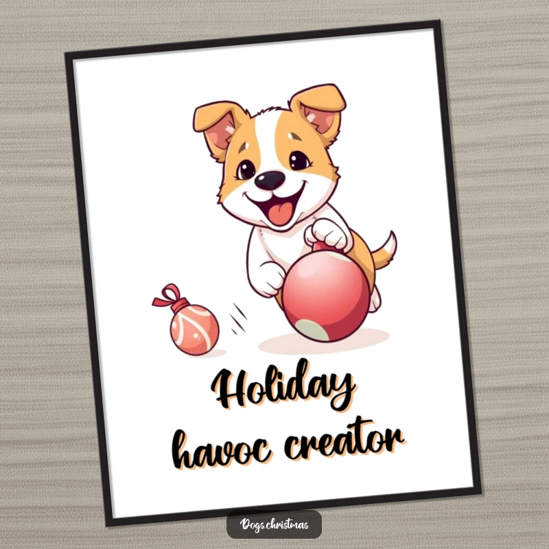 Funny Dog Poster: An excited dog in hot pursuit of a rolling Christmas ornament, embodying holiday frenzy and playful, energetic celebration.