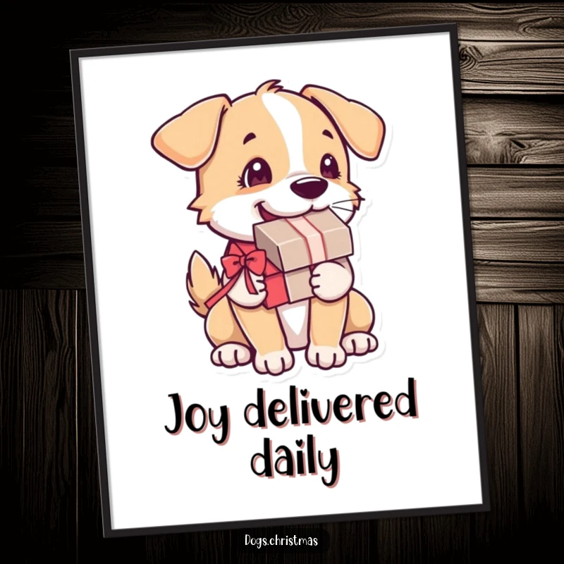 Funny Dog Poster: A dog joyfully carries a present, its tail wagging intensely, creating a heartwarming and humorous piece of art.