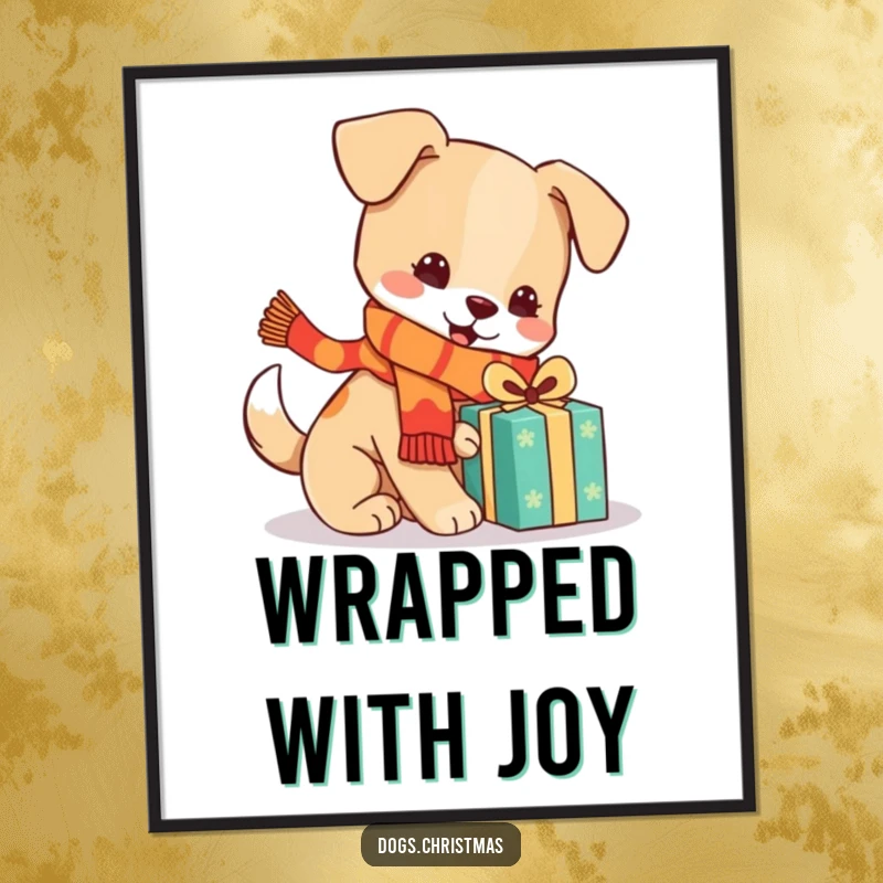 Funny kawaii dog wearing a scarf, playing with a gift, festive wall art, cute pup illustration, perfect funny gift.