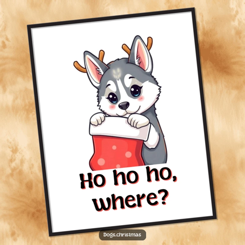 Funny poster of a husky dog sporting reindeer antlers, looking with intrigue at a Christmas stocking, capturing the essence of holiday wonder.