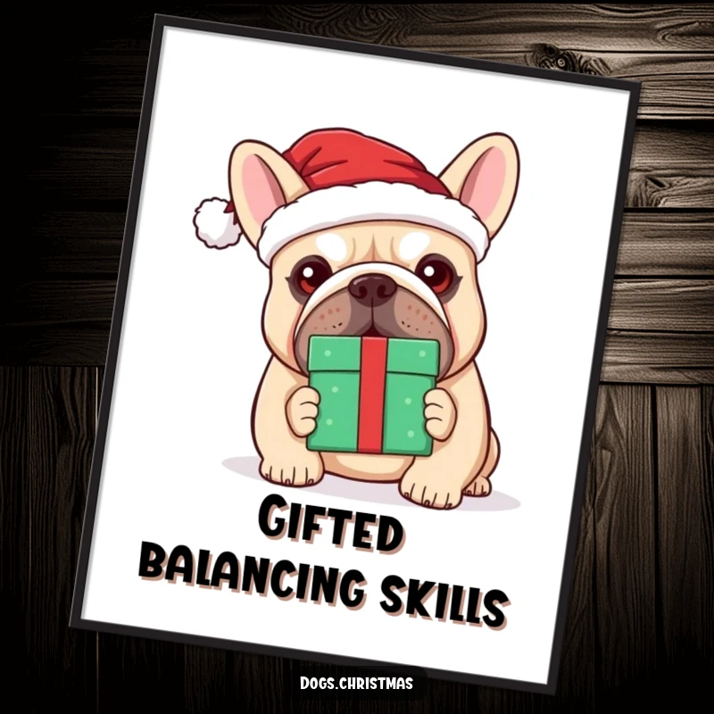 Funny kawaii bulldog in a Santa hat attempting to balance a gift on its nose, charming holiday wall art.