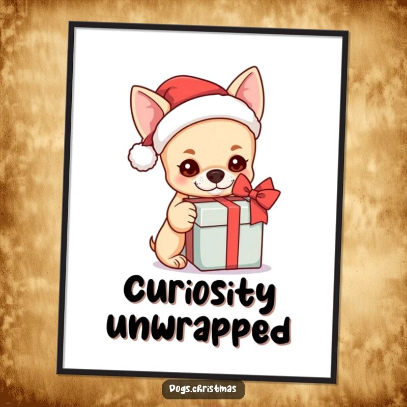 Funny kawaii chihuahua in a Santa hat curiously shaking a gift box, charming holiday wall art.