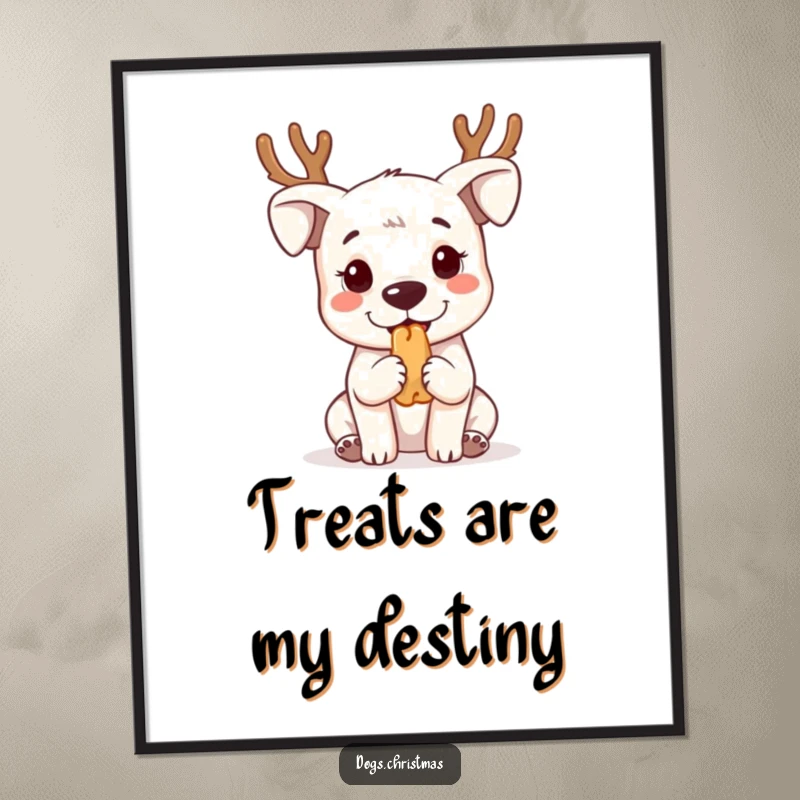 Funny kawaii dog wearing reindeer antlers, begging for treats, presented as charming wall art on a decorative poster.
