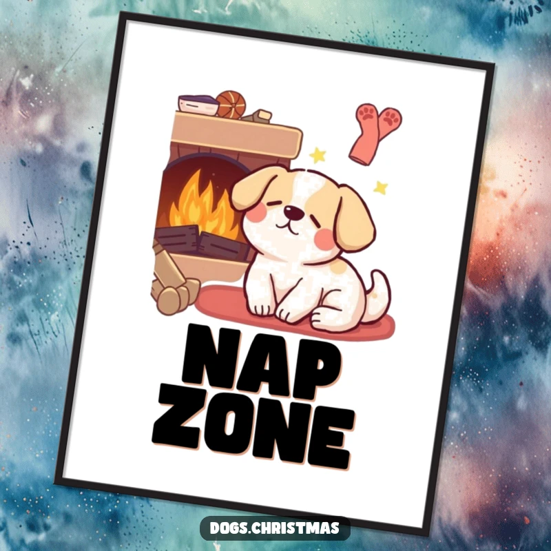 Funny Kawaii Dog Poster: A serene image of a sleeping dog by a fireplace, dreaming sweetly, bringing a calm and funny vibe.