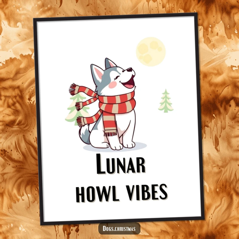 Funny kawaii husky wearing a festive scarf, howling cheerfully at the moon, a whimsical night scene poster.